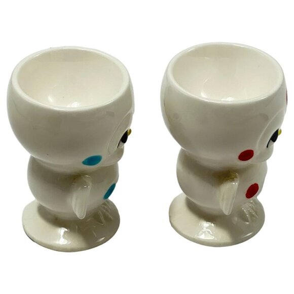 Chick Anthropomorphic Bird Egg Cup Polka Dot Lot 2 White Blue Red Vintage 60s - Picture 7 of 10